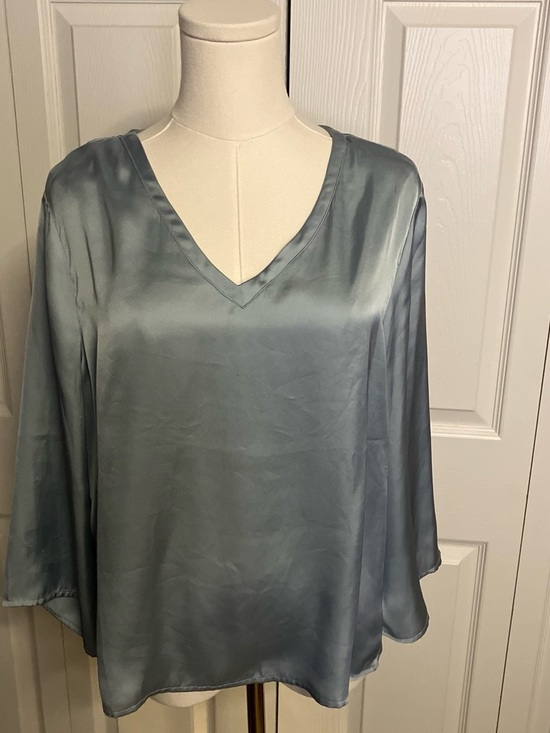 None Tops - Silky V-Neck Long-Sleeve Blouse in Slate Blue
